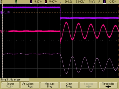 Decaying oscillations in underdamped LRC circuit, V_L, V_C, negative half cycle, expanded